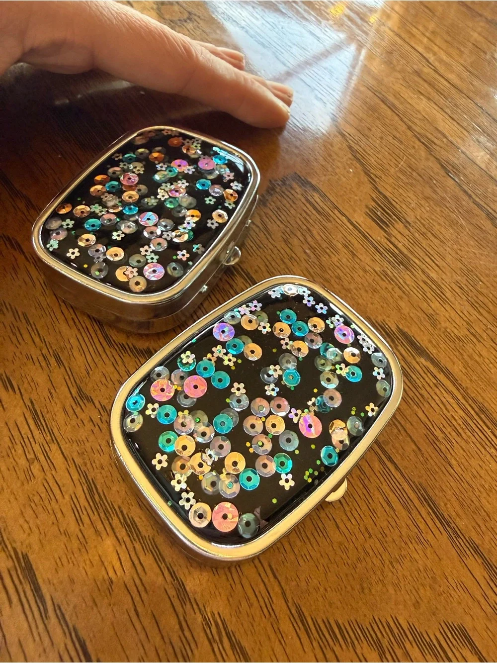 Sparkly Black Resin Travel Pill Case with Mirror & 3 Compartments